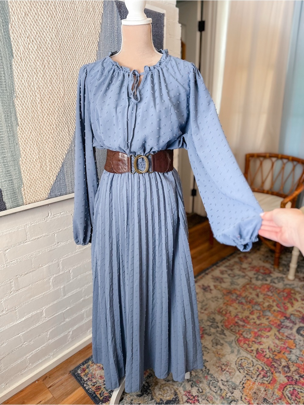 Merokeety Slate Blue Swissddot Balloon Sleeve Maxi Dress with Pleated Skirt